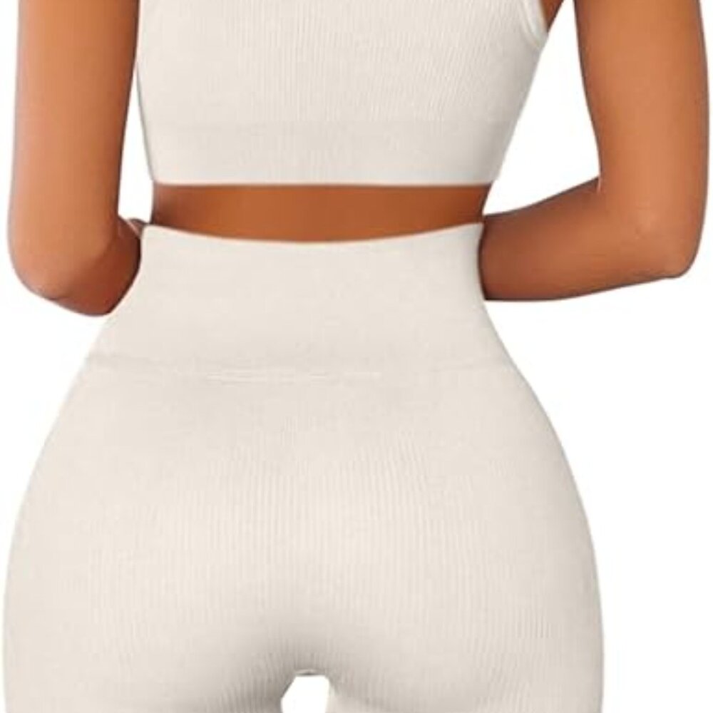 4 Piece Ribbed Ivory Amazon Workout Set | Women's Size M - Picture 10 of 11